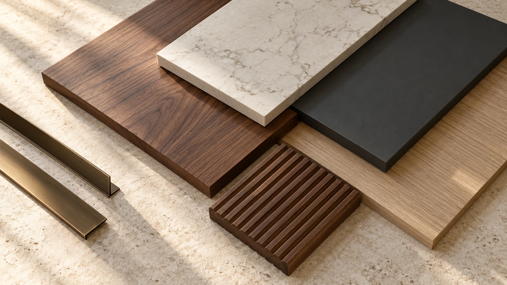 Susunan contoh material interior dengan permukaan kayu, batu, dan warna netral